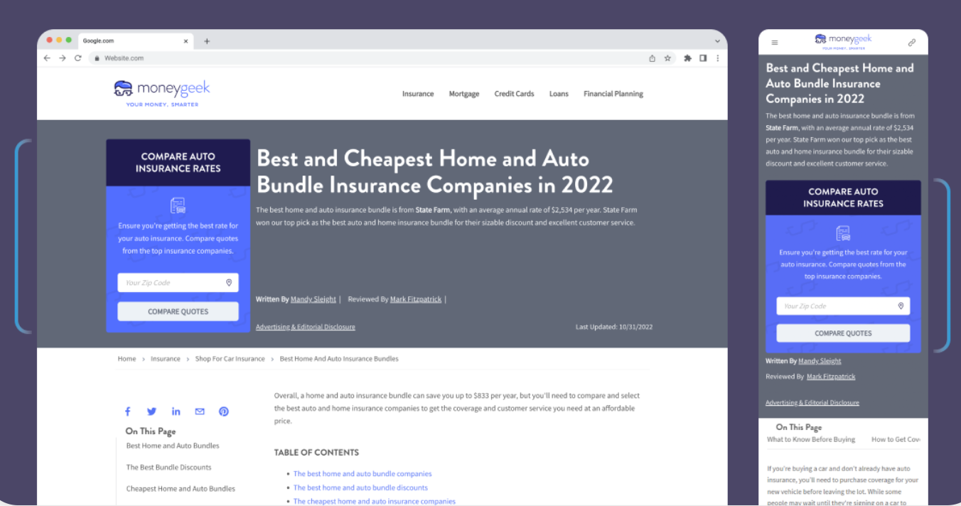 MoneyGeek's car insurance funnel relied on users filling out a location zip code field before proceeding to compare quotes.